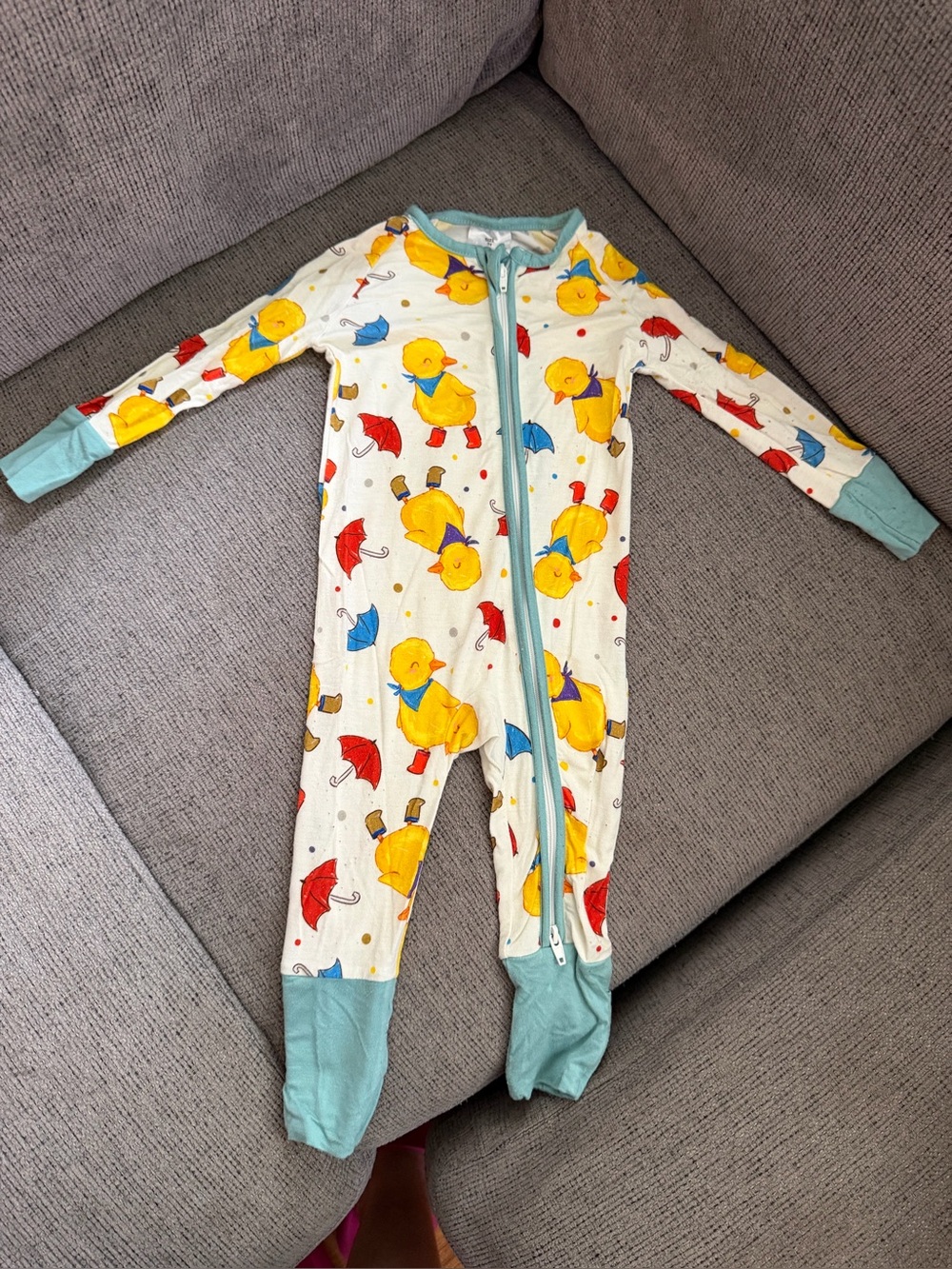 Yellow Duck Print Kids Footed One-Piece with Blue Trim